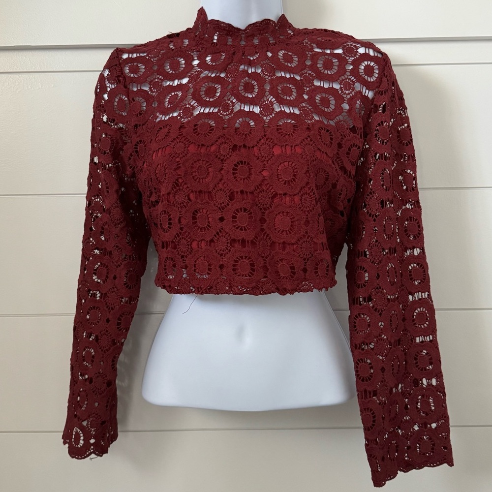 Boohoo Burgundy Lace Cropped Long Sleeve Blouse, Women’s 10